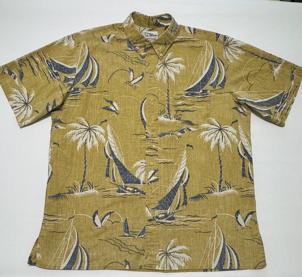 Vintage Reyn Spooner Yellow Hawaiian Sail Boat Aloha Tropical Mens Shirt X-Large